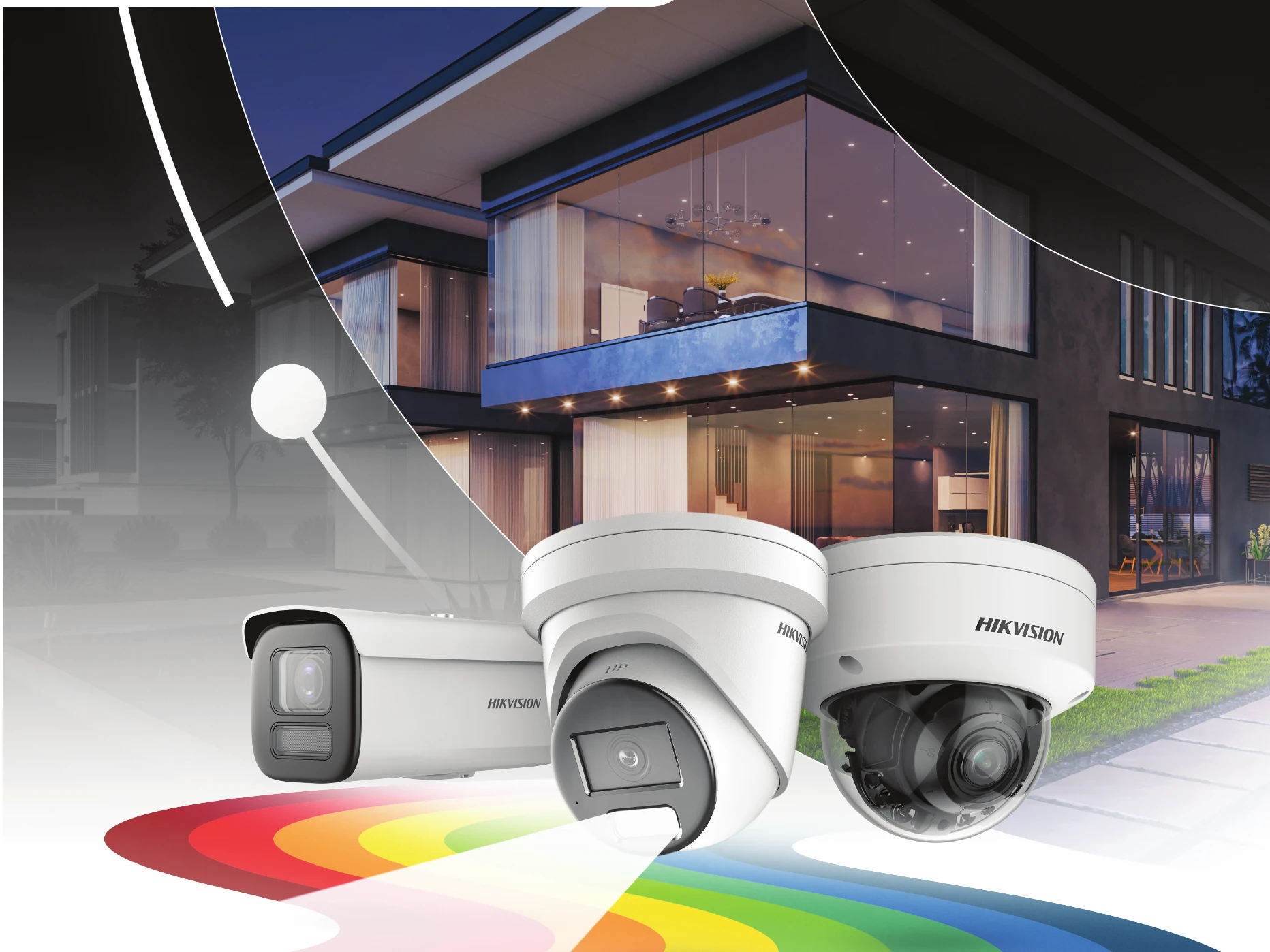 Hikvision promotional artwork showing three Pro Series network camera styles at a property after dark